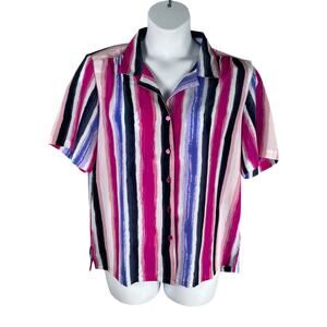 Vintage Donnkenny Blouse Womens XL Pink Purple Watercolor Stripe Office Casual